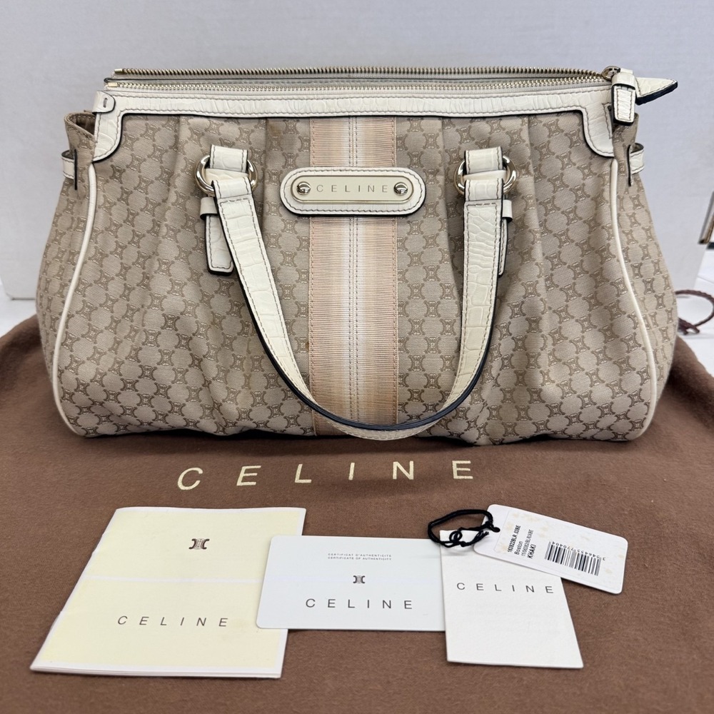 Authentic Vintage CELINE Macadam Handbag Beige Canvas Stripe White Leather COA